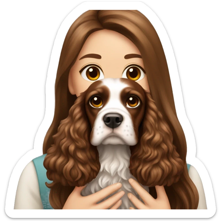 Beautiful girl with long beautiful brown hair holding English Cocker Spaniel sticker