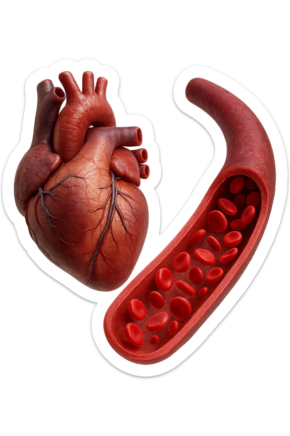 cuore anatomico umano fluttuano in aria insieme ad una vena umana con globuli rossi , iperrealistiche 4k sticker