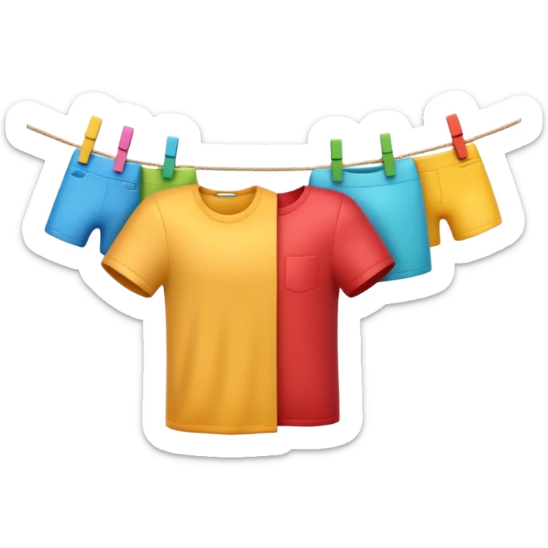 Apple-style 3D emoji of a single human hand hanging a colorful piece of clothing on a clothesline using a clothespin, close-up view, soft shadows, bright and cheerful atmosphere, clean white background.


 sticker