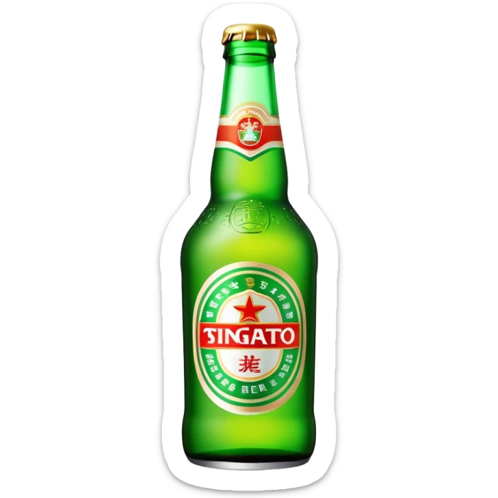 Tsingtao beer bottle, green bottle with iconic label, Chinese beer brand, foam, emoji style sticker