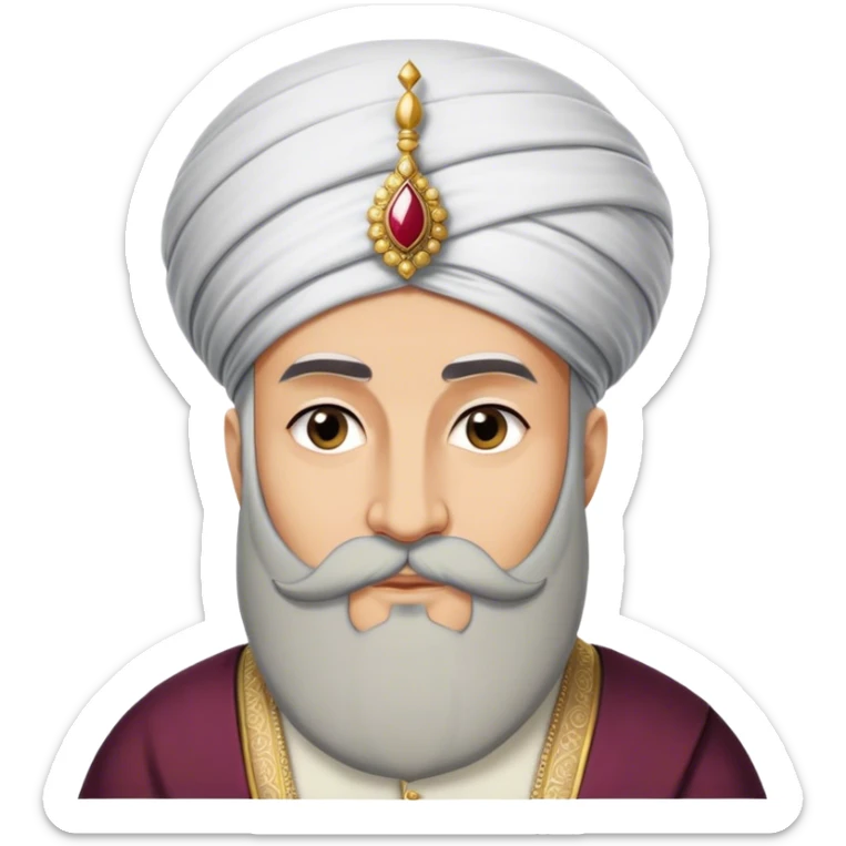 ​Cinematic Realistic Portrait of Suleiman the Magnificent, depicted as a regal Ottoman sultan adorned with a large, white, round, tall turban and a majestic grey beard, his commanding gaze bathed in warm, historic lighting that exudes timeless authority and grandeur, sticker