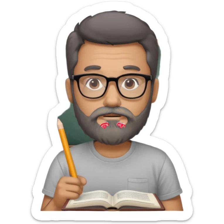 A man with a large gray beard, dark hair, wearing a t-shirt and glasses, studying. sticker