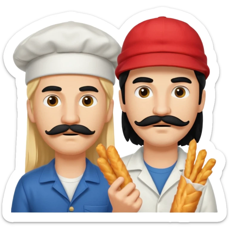 Aurore had long blond hair and Enzo is an Italian boy with mid-long black hair, mustache and a cap on his head and they are figthing like monster about mozzarella sticks sticker