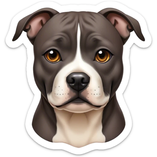 Cinematic Noble Black/Brindle Staffordshire Bull Terrier Portrait Emoji, Poised and regal, with a compact, muscular build and a sleek, well-groomed Fur featuring a striking mix of black and brindle patterns, deep-set soulful dark eyes, Simplified yet sharp and sophisticated features, highly detailed, glowing with a soft, dignified glow, high shine, intelligent and loyal, stylized with an air of strength, focused and attentive, soft glowing outline, capturing the essence of a watchful and confident guardian, so majestic it feels as though it could stride out of the screen with effortless authority! sticker