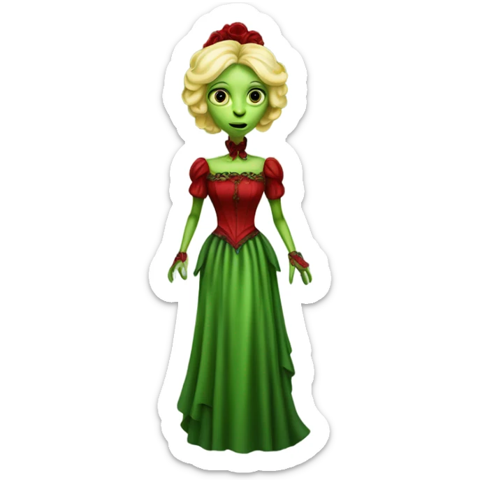 "green blonde alien woman" in red Victorian dress elegant, full body sticker