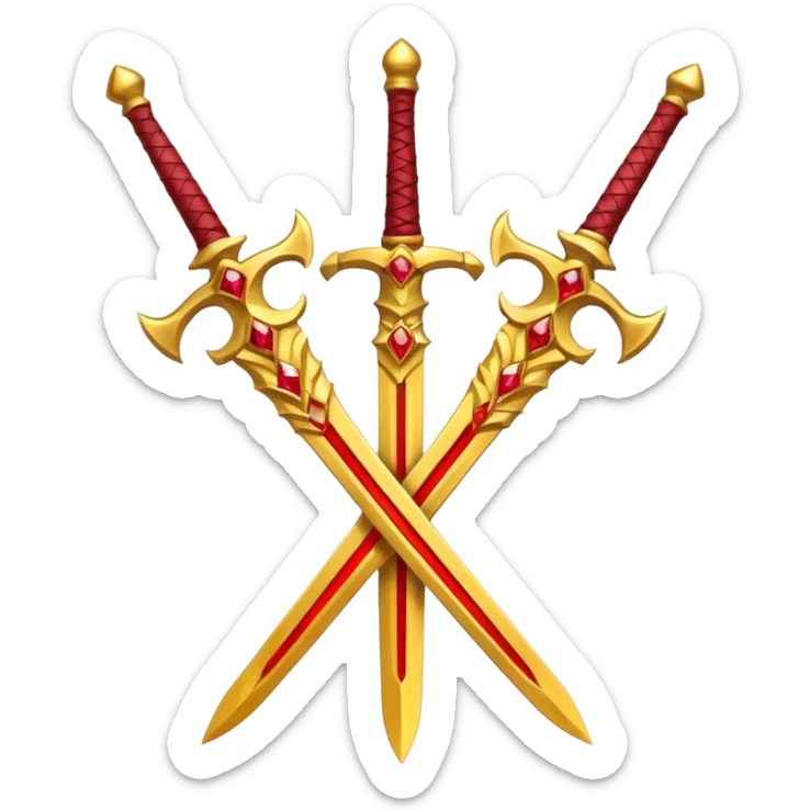 Two crossed swords that are golden in blade and handle and have fiery and royal appearence to them as well as red gem stones yellow in color sticker