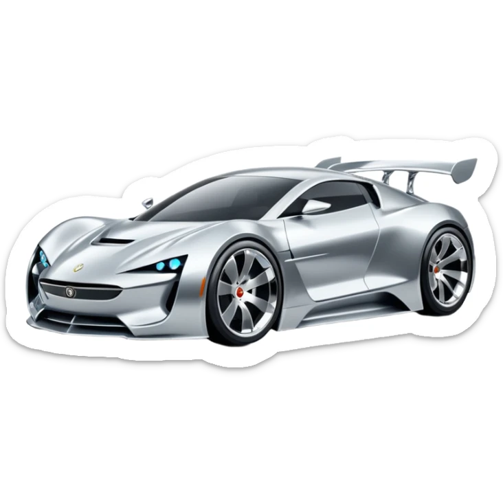 A low-profile futuristic car emoji made of polished silver chrome, wide body stance, smooth aerodynamic shape, glossy metallic surface, soft reflections, luxury swag aesthetic, minimal details, iOS emoji style, centered on clean white background, studio lighting sticker