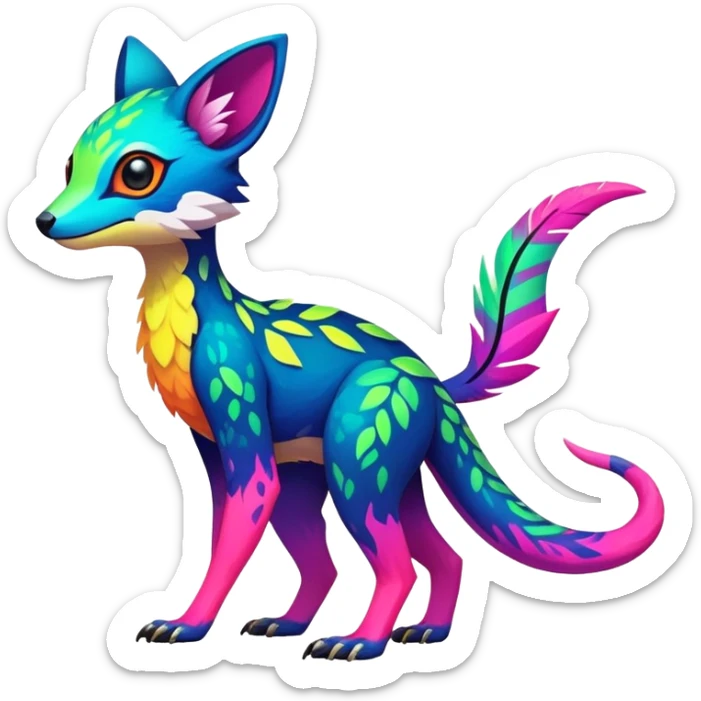 Rare realistic exotic edgy epic cute neon colorful tropical lush vibrant pretty beautiful handsome gorgeous aesthetic colorful vibrant Vernid-Trico-species-Fakemon-creature by LiLaiRa, 4 legs, 1 tail, random markings, (full body) sticker