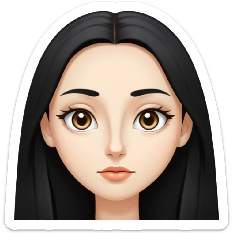  female with long black hair and big forehead, almond eye, straight pointy nose, thin lips, inverted triangle face  sticker