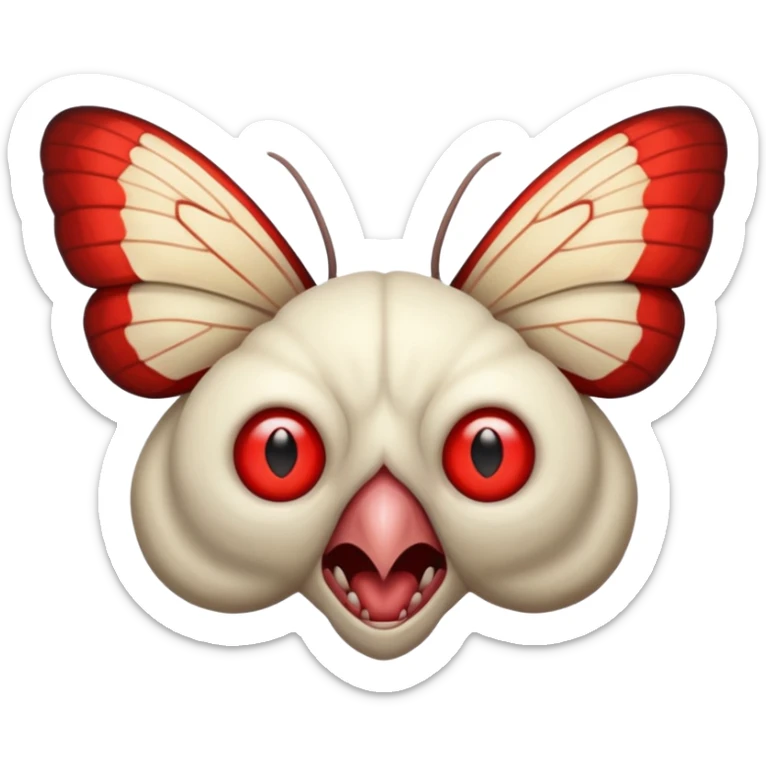 Create a scary emoji of the mothman with bright red eyes and as depicted in the legend. Make it less bird like and more Moth / Human hybrid sticker