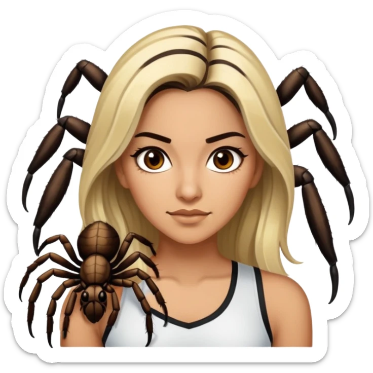 Attractive and athletic Mexican woman in her 20s with dark brown hair with some blonde, with a tarantula sticker