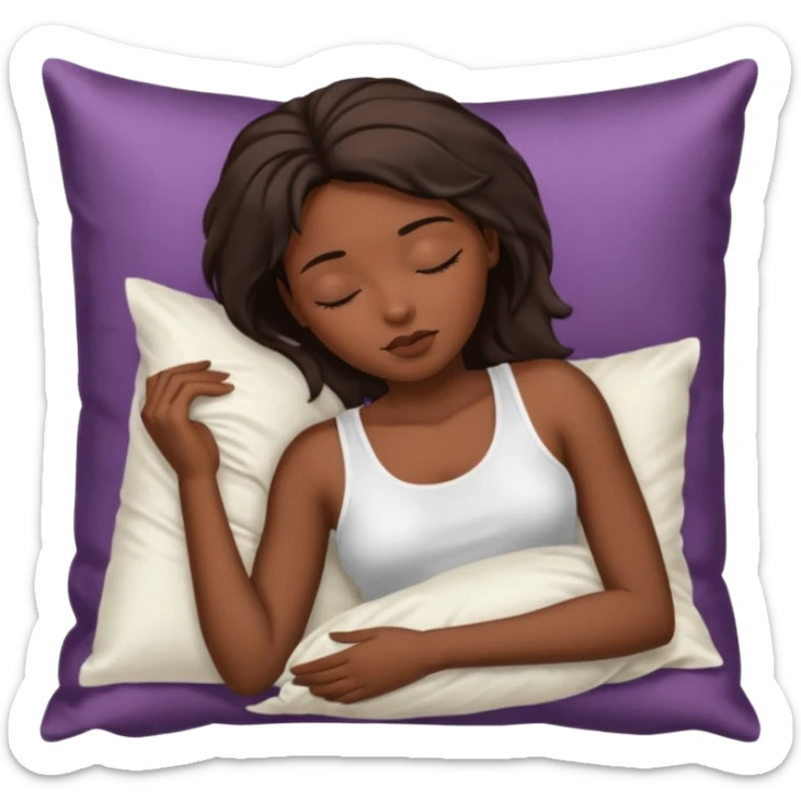 sleeping beauty african american woman with dark brown hair with a silk pillow, she is wearing a white tank top with big boobs sticker