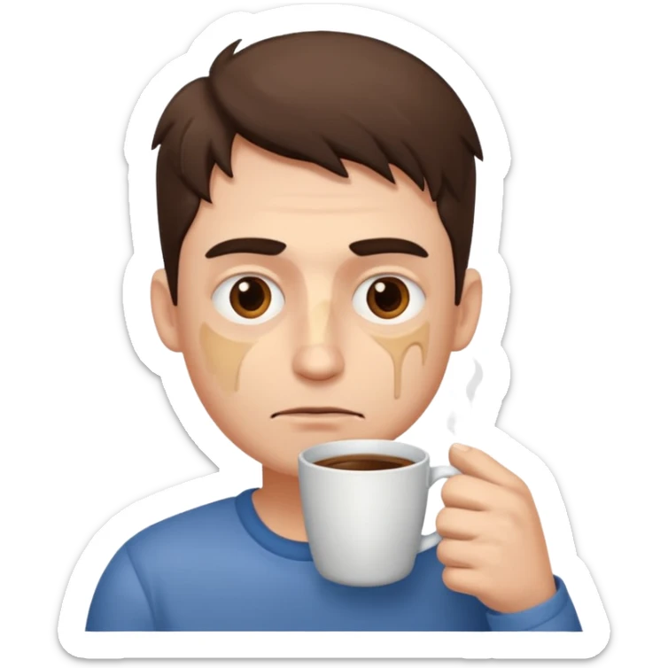 The man didn't get enough sleep with bruises under his eyes sleepy is holding coffee in his hands sticker