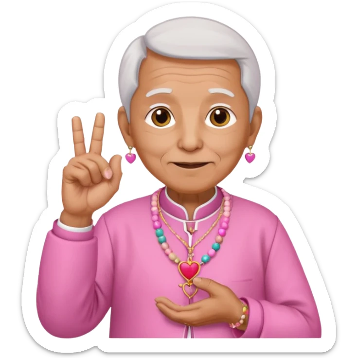 elderly man wearing takke, pink skirt, holding prayer beads, making heart sign with index finger and thumb, saying 'uwu', emoji style sticker