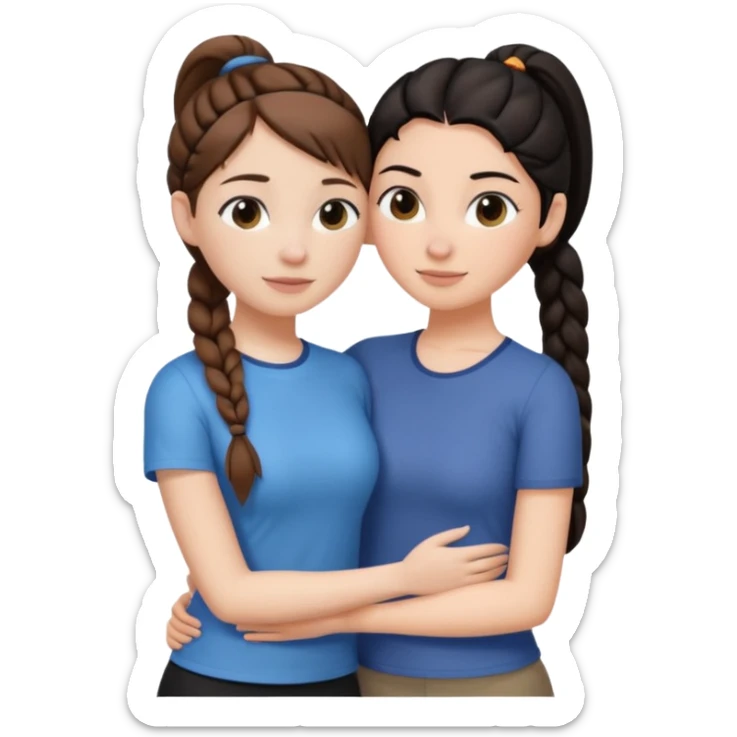 Comforting Hug two white skin women, one shorter woman with brown hair in simple top ponytail, not braided, and one taller woman with black hair in long side braid sticker