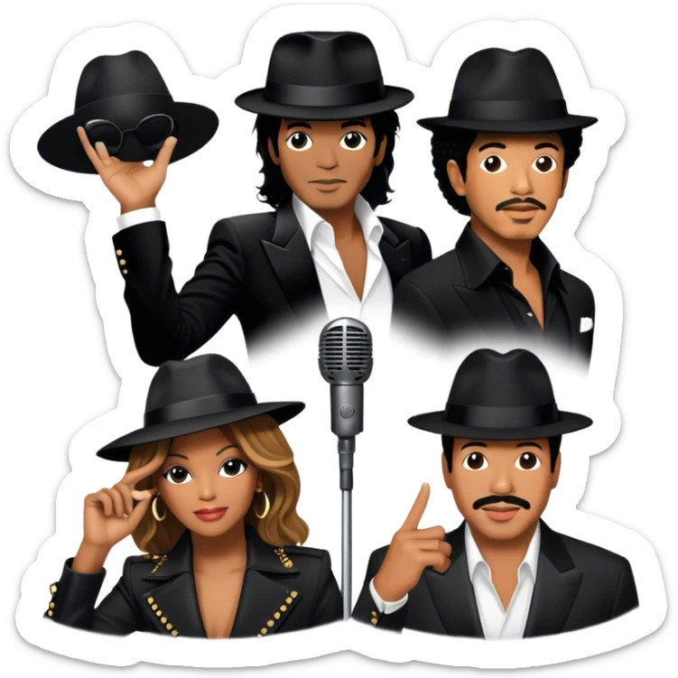 Icon for R&B Music: collage of iconic R&B artists—Michael Jackson, Beyoncé, Lionel Richie, Whitney Houston. Each artist represented by a silhouette or symbolic item (like a glove, microphone, or fedora). Transparent background. sticker