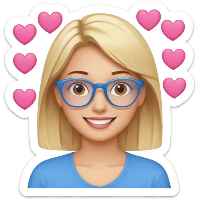 Asthectic pretty Blonde women brown eyes, blue glasses, wearing a brown top and smiling with pink hearts around her. sticker