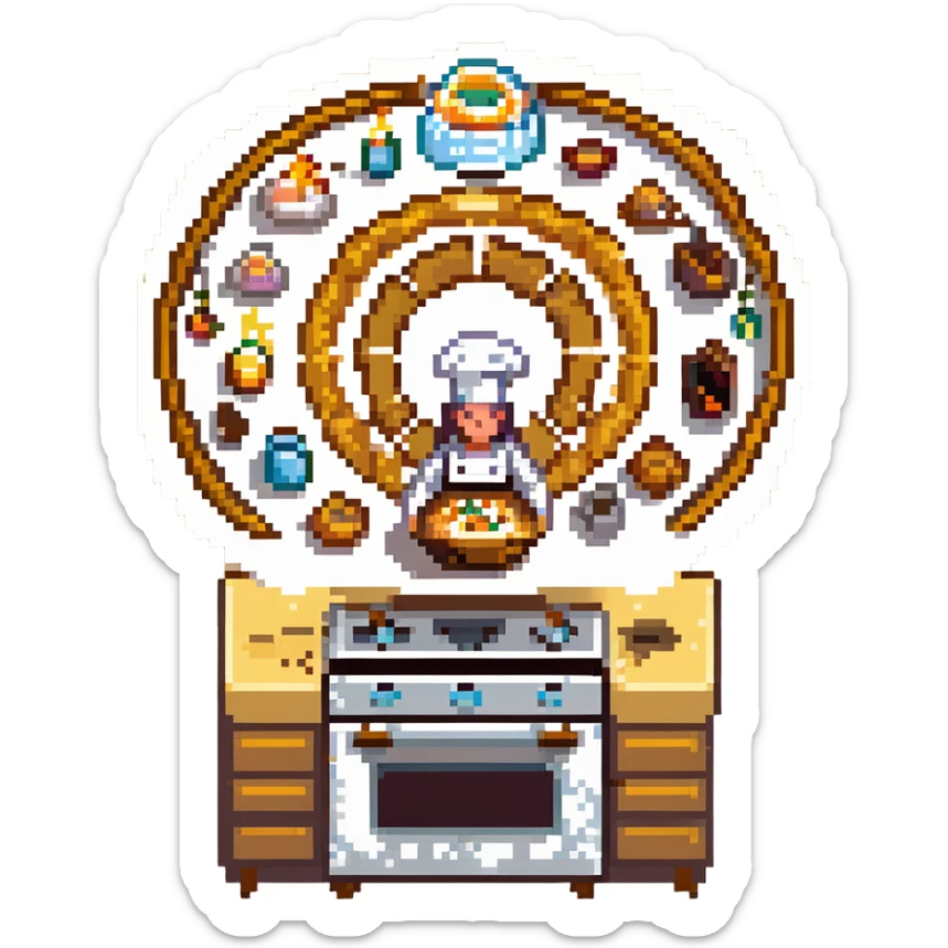 A divine baker surrounded by floating utensils, radiant ingredients, and a halo of light. The oven levitates, powered by pure energy. UI resembles clouds, golden rays, and ethereal scrolls—like a heavenly recipe interface. sticker