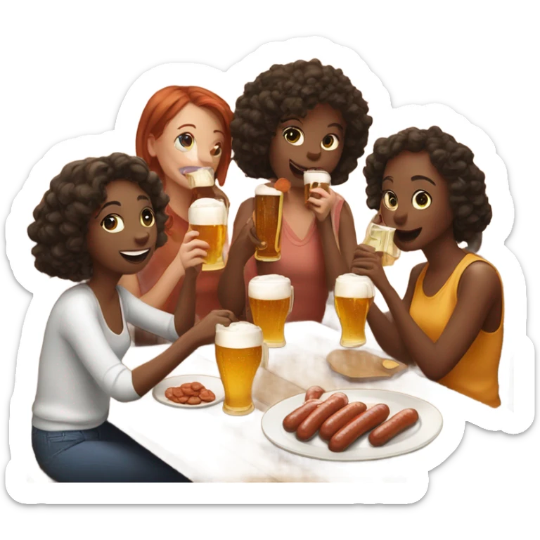 Five girls drinking pints of beer and eating sausage sticker