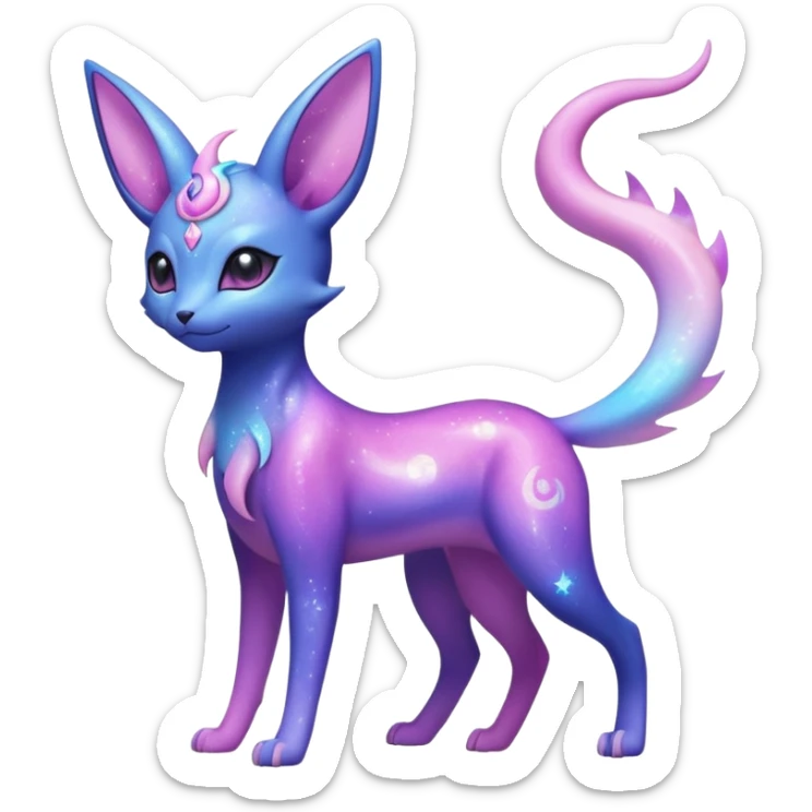 Shiny Iridescent Nebulae Espeon-Umbreon-Sylveon-Dragonair-Fakémon-hybrid-creature (full body)  with a galaxy-dust-flowing-gradient-tail sticker