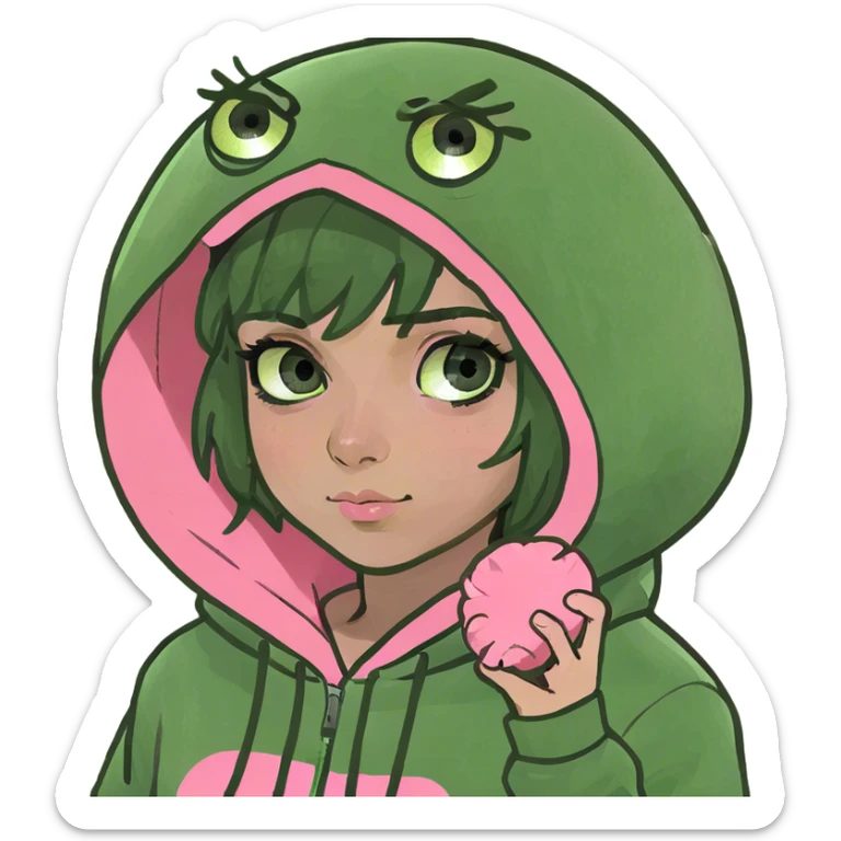 Green eyed ginger girl wearing a pink palm puff hoodie sticker