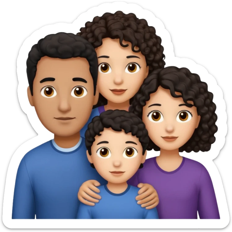  family, mom has brown eyes black hair brown skin, dad is white with brown curly hair and two kids boy and girl who are a mix of the two parents sticker