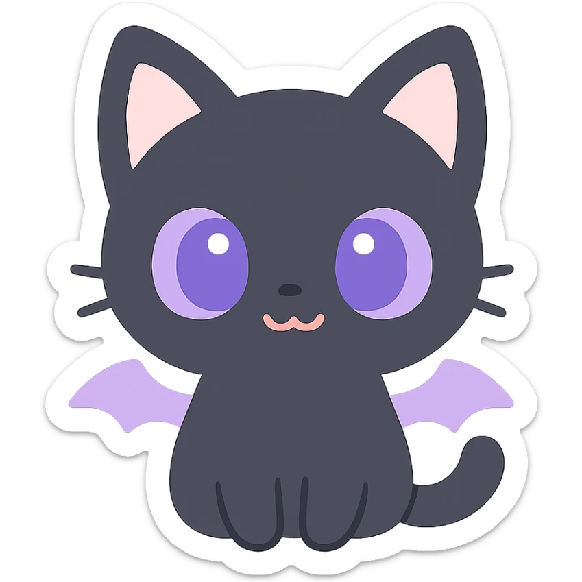 kawaii style gothic cat, cute face, black fur, purple eyes, tiny bat wings, playful and mysterious sticker