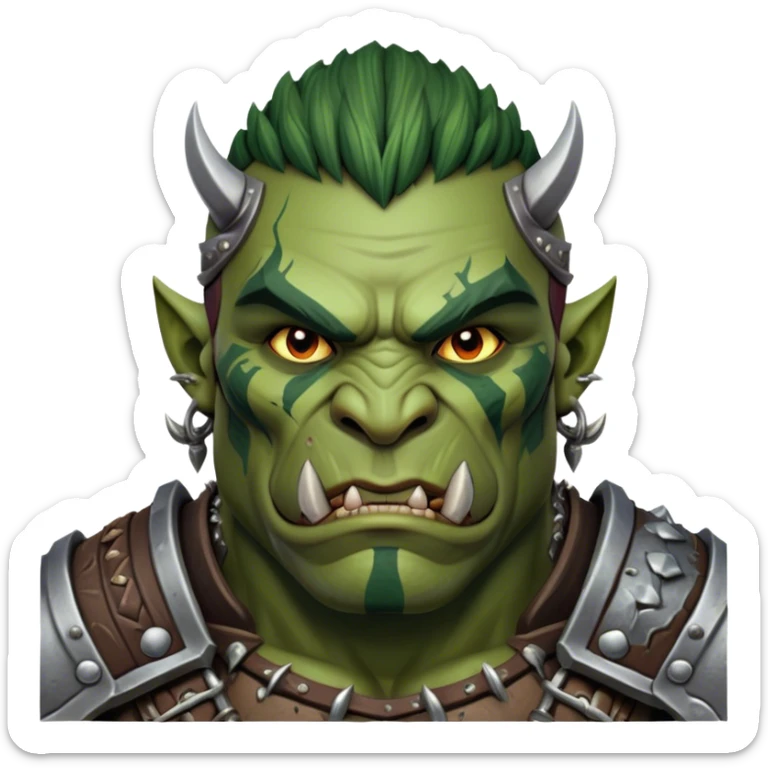 Cinematic Realistic WoW Orc Warrior Portrait, depicted with battle-scarred, rugged green skin and a powerful, muscular build that radiates primal strength. Clad in intricately detailed tribal armor accented with dark leather and iron embellishments in deep, earthy tones, his fierce eyes and determined expression exude honorable might. Rendered with lifelike texture and dramatic natural lighting, high shine, noble and formidable, capturing the essence of a legendary orc champion. sticker