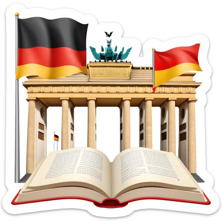 An icon featuring the Brandenburg Gate and the big flag of Germany, symbolizing the German language. The design includes an open book with German text representing language learning and German culture. Transparent background highlights the essence of German heritage. sticker