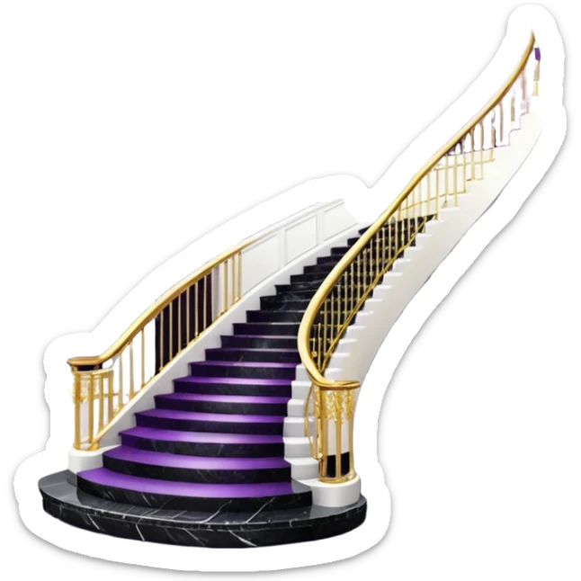 Luxurious black marble hallway stairs with gold and white accents  with purple crystals in chandelier sticker