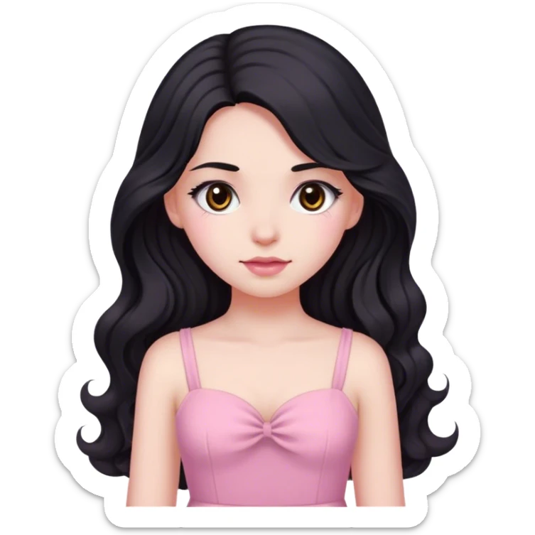 long wavy black hair, white skin like a milk and brown eyes girl wearing pink dress sticker