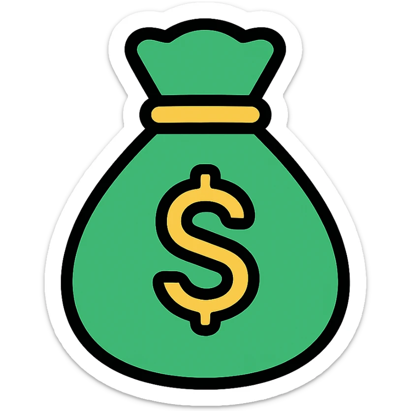 money bag icon, color outline style, green and gold accents, modern and friendly sticker