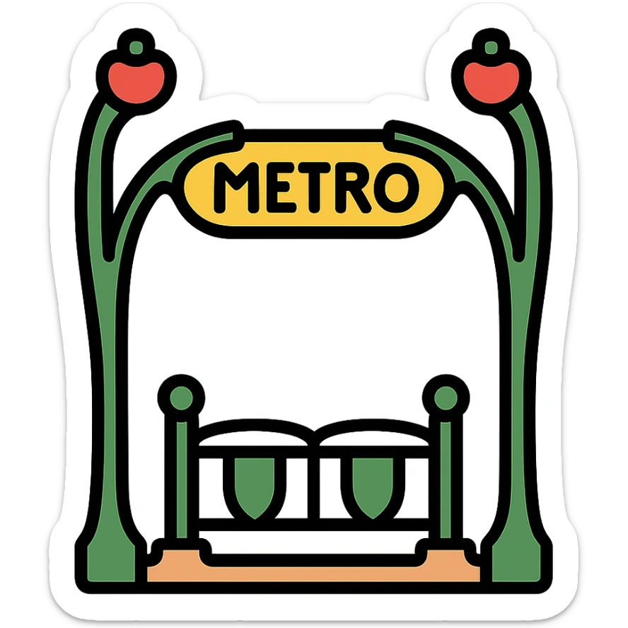 Parisian metro entrance with ornate green iron arches and classic signage in color outline icon style sticker