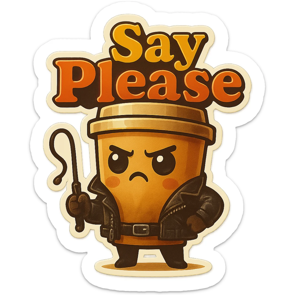 Tall coffee cup, dressed in leather holding a whipping crop, eyebrow furrowed, "big "Say Please" sticker