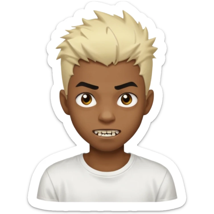 Black Male Teenager with Short punk messy blonde hair, Dark brown bushy eyebrows large expressive golden-brown eyes, wearing a plain white t-shirt, Dark Brown skin color. vampire tooth sticker