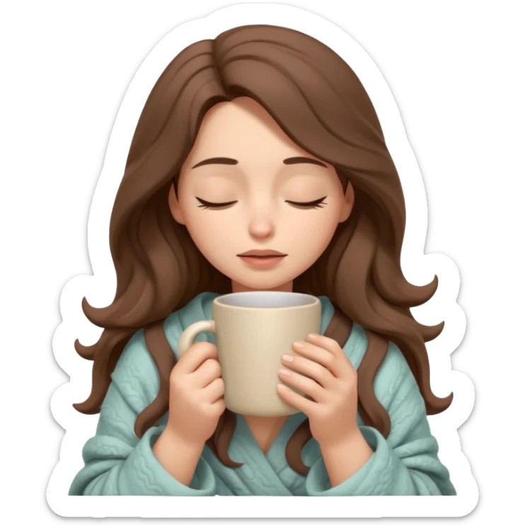 emoji-style illustration of a pretty relaxed woman with long wavy brown hair, wrapped in a cozy beige blanket, holding a mug cup, eyes closed, sad and a bit anxious expression, soft 3D cartoon rendering, warm and comforting mood, plain background
 sticker