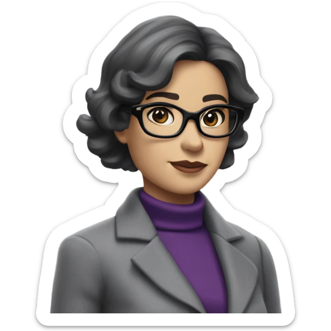 Full torso of Tv show young Diana Prince wearing grey suit with silk voile purple turtleneck and black eyeglasses  sticker