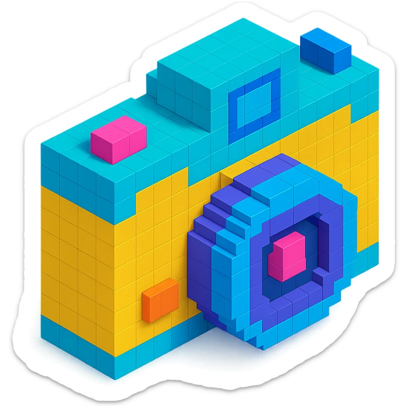 classic design camera in voxel style, isometric view sticker