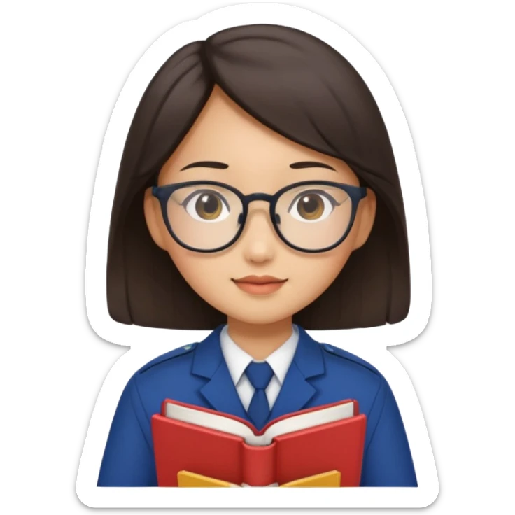 A student, asian girl, wearing glasses, uniform, hold book in front of their chest sticker