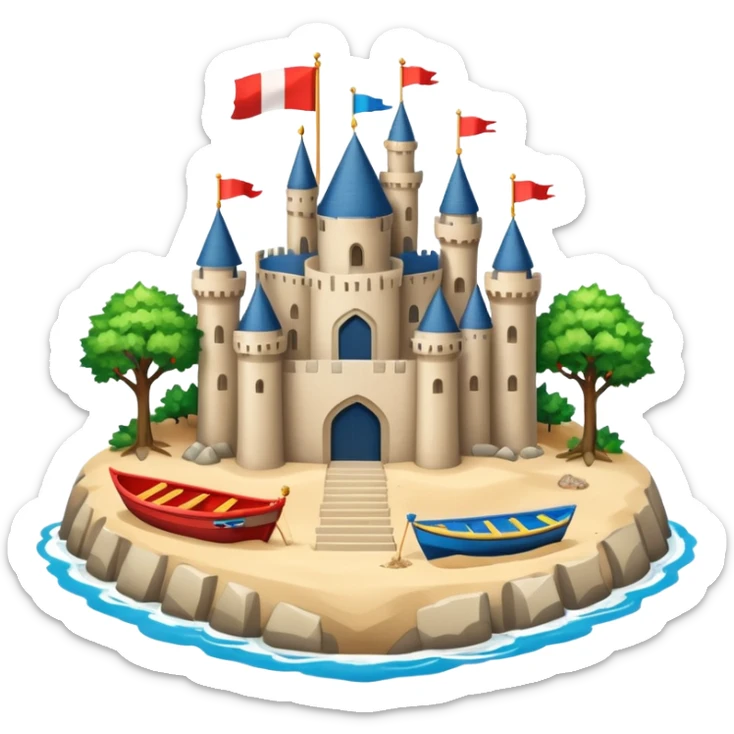A huge island with trees boats and sand in the middle there is a huge beautiful castle sticker