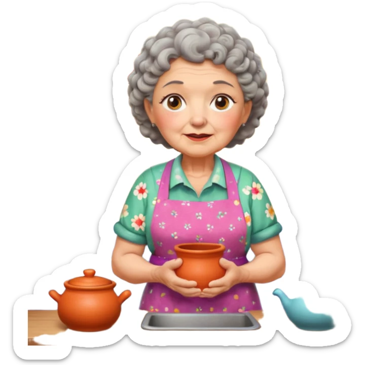 cartoon Apple iOS emoji style rural elderly woman, chubby face, short gray curly hair, flowery blouse, colorful apron, big expressive eyes, pastel colors, Chilean wooden kitchen background, clay pots, warm light, detailed and clean vector art sticker