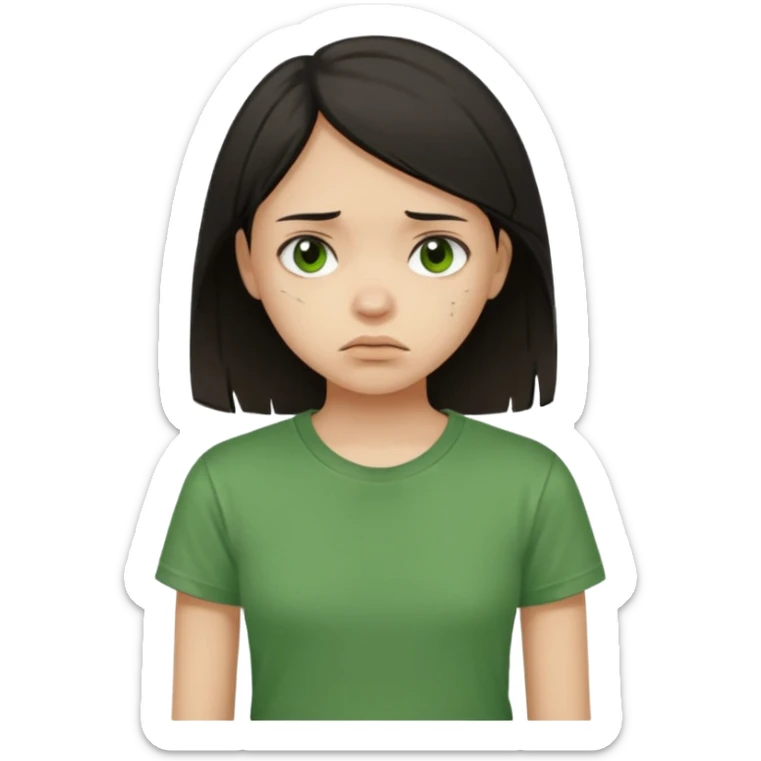 Young girl with straight, dark hair, damaged and unattractive, wearing a green T-shirt, with a sad and subdued expression. sticker