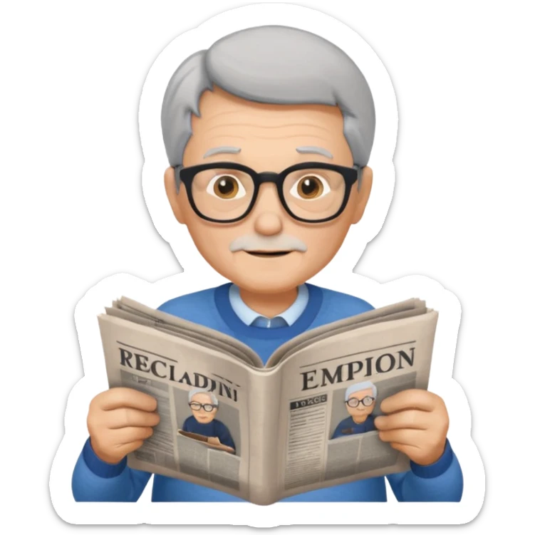 elderly man with gray hair, reading a newspaper, relaxed, wearing glasses, in a park sticker