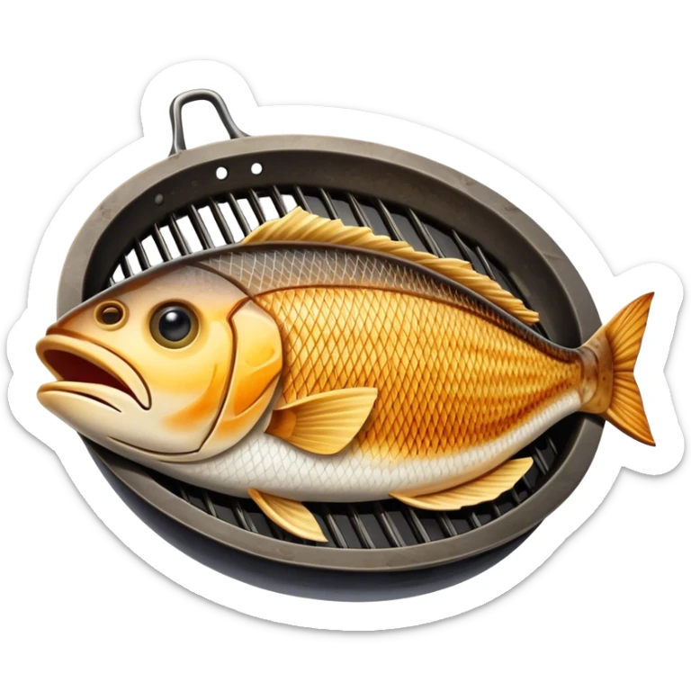 Gradele Cinematic Realistic Gradele Dish Emoji, depicted as 2 perfectly grilled fish with prominent grill marks and a smoky finish, rendered with vivid textures and dynamic, natural lighting. sticker