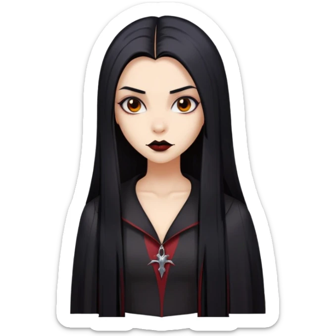 A girl with long black straight hair and warm tan skin color emoji vampire goth version sticker