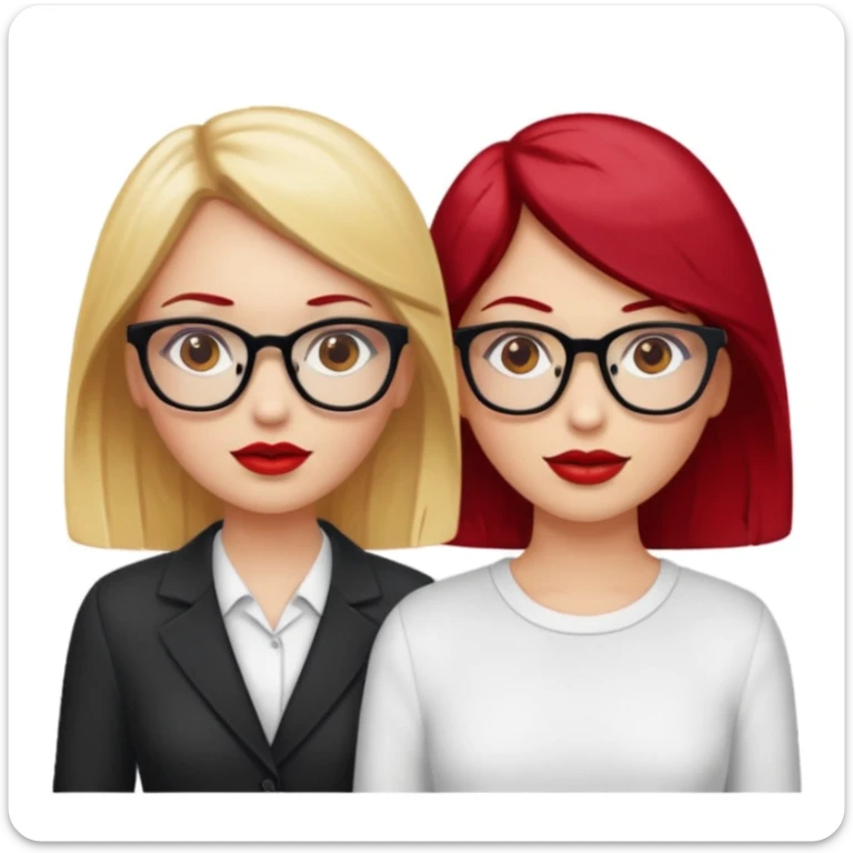 Two white girls, one has blonde hair, brown eyes and glasses and the other one has cherry red hair, brown eyes and red lips sticker