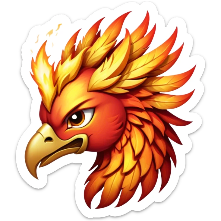 Cinematic Battle-Hardened Mystical Fire Phoenix Portrait Emoji, head bowed slightly in a moment of raw resilience, revealing a form etched with the wear of relentless conflict. Ragged, scorched plumage and half-closed, determined eyes speak to battles fought and won. Rendered with authentic detail and dramatic natural light that accentuates every scar and burn, high shine, this portrayal blends vulnerability with hardened strength, outlined in a soft glow that captures the essence of a phoenix tempered by the fires of combat. sticker