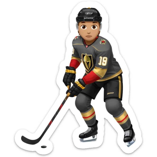 A hockey player in a Vegas Golden Knights black & gold jersey, red accent glow, centered stance, stick on the ice, faceoff position sticker