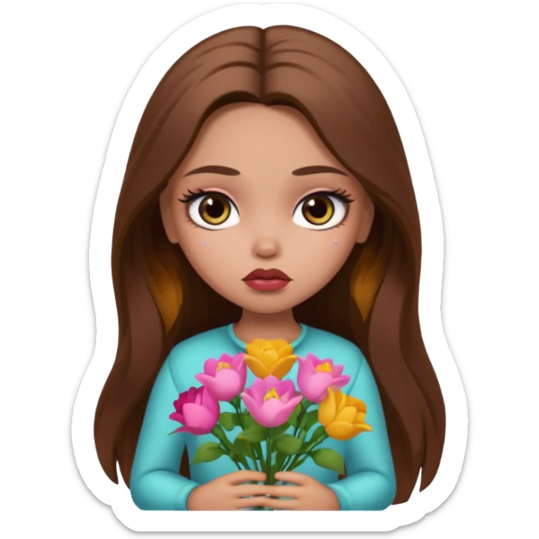 sad pretty bratz baddie, long brown hair holding flowers sticker