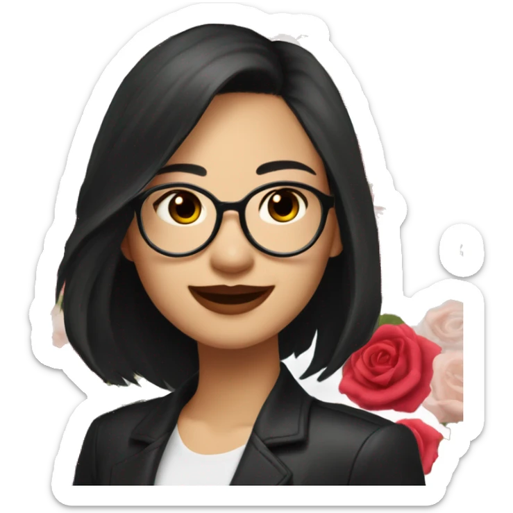 Asian girl, smiling with teeth, fair skin, black long hair, black eyes, black glasses with gold frames, red lipstick, wearing a white lace tank top and a black office jacket on top, with pink and red roses around her. sticker